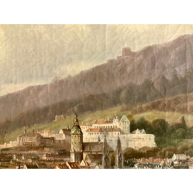 Late 19th Century C. 1890 Antique Central European Cityscape Oil Painting With Cathedral and Hillside Castle Framed For Sale - Image 5 of 10