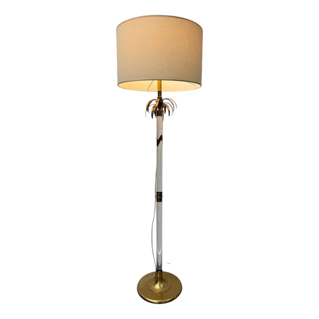 Italian Floor Lamp in Acrylic Glass and Brass with Palm Leaves Motifs, 1970 For Sale