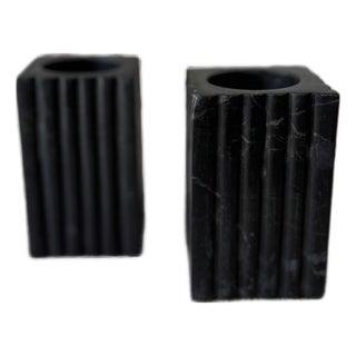 Set of 2 Fluted Black Marble Tea Light Holders For Sale