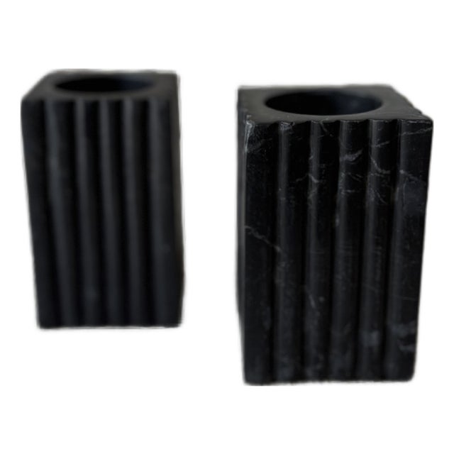 Set of 2 Fluted Black Marble Tea Light Holders For Sale