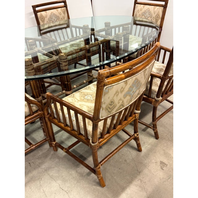 Contemporary McGuire Furniture Oval Glass Top Dining Table + Six Far East Collection Dining Armchairs, Vintage Set For Sale - Image 3 of 13