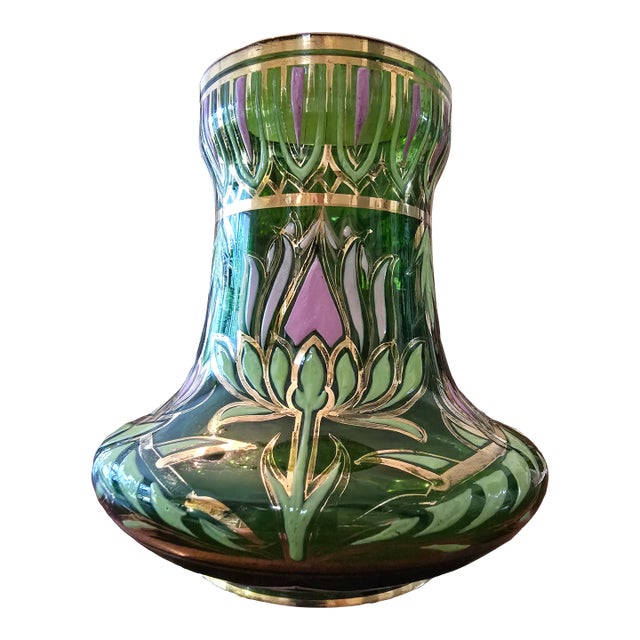 Antique Moser Bohemian Glass Emerald Green Gilded Vase For Sale
