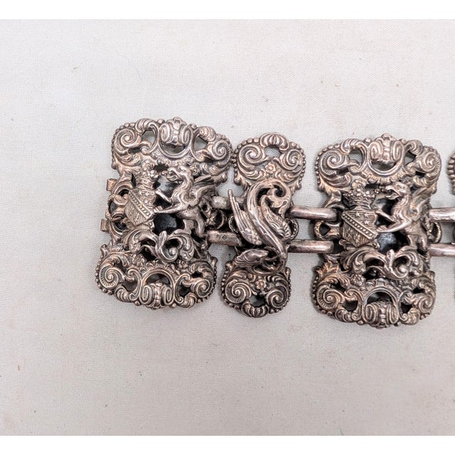 Napier Vintage 1972 Signed Napier Silvertone Coat of Arms Griffin & Sea Serpent Panel Bracelet For Sale - Image 4 of 10