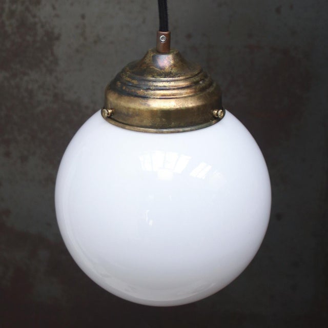 White Opaline Glass and Brass Globe Pendant Light For Sale - Image 5 of 8