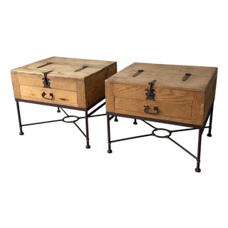 Vintage Rustic Mexican Pine Wood and Wrought Iron and Brass Storage Trunk Chest Side Tables - A Pair For Sale