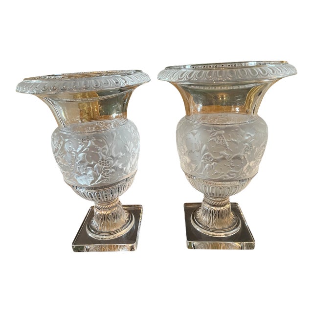 1980s Pair Lalique Crystal Versailles Urns For Sale