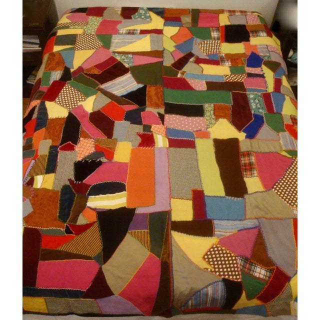 Shabby Chic Embroidered Velvet Crazy Quilt Folk Art Textile Blanket For Sale - Image 3 of 13