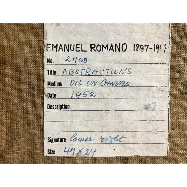 An oil on canvas by listed artist E.Romano titled "Abstractions". Strong use of color and simplistic lines create the...