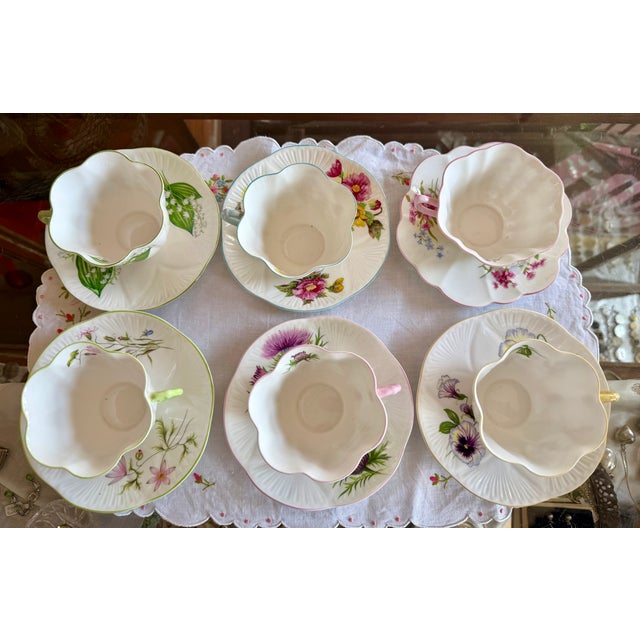 Shelley, English Porcelain Spring Flowers Set of 6 Teacups & Saucers For Sale - Image 14 of 15