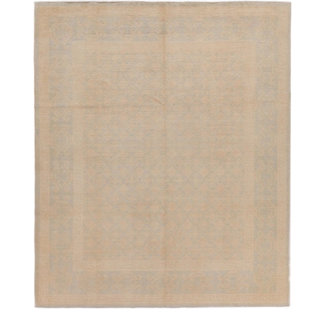 Modern Khotan Style Tan Handmade Geometric Wool Rug For Sale