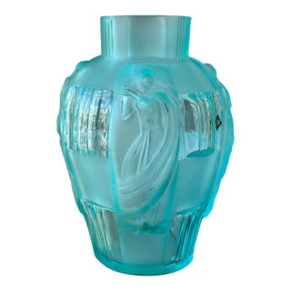Art Deco Style Desna Czech Aqua Glass Vase For Sale