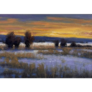 The Edge of Town by Seth Winegar | Oil Painting of a sunset landscape with trees and fields For Sale