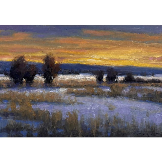 The Edge of Town by Seth Winegar | Oil Painting of a sunset landscape with trees and fields For Sale