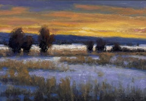 The Edge of Town by Seth Winegar | Oil Painting of a sunset landscape with trees and fields