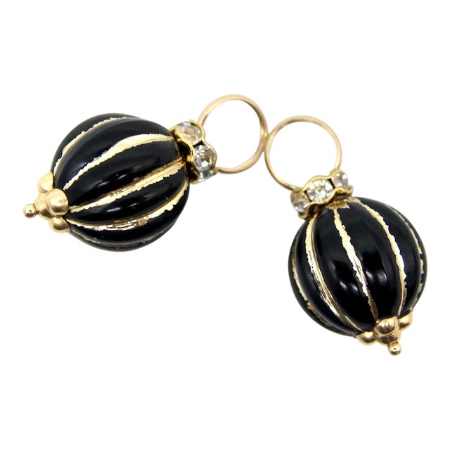 Vintage 14k Gold Black Enamel and Glass Charms or Earring Enhancers - 2 Pieces For Sale