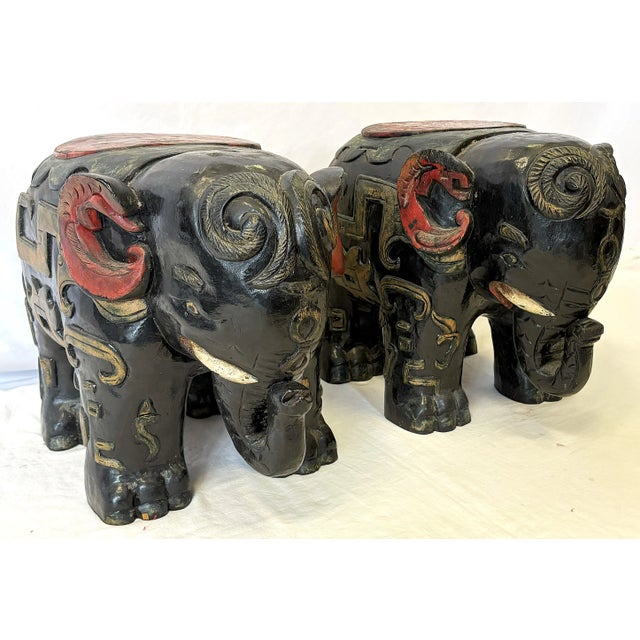 African Vintage Solid Wood Painted African Elephant Stools- A Pair For Sale - Image 3 of 15