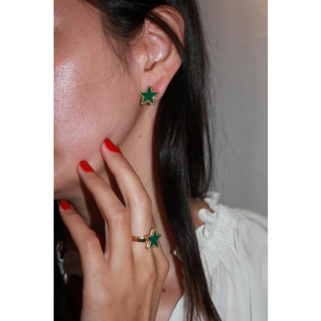 Green Green Malachite Star Galaxy Celestial Constellation Zodiac Yellow Gold Earrings, A Pair For Sale - Image 8 of 11