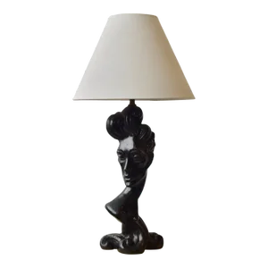 Vintage Rare Stylized Hand-Carved Oak Female Bust Lamp, Circa 1950s