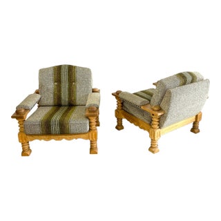 Pair of Danish Modern Brutalist Lounge Rustic Primitive Chairs in Oak Henning Kjærnulf For Sale