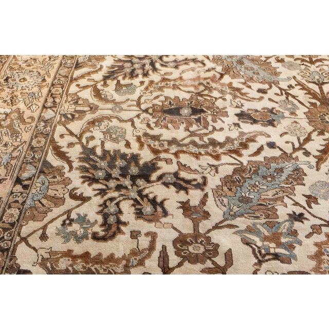 Authentic 1900s Tabriz Ivory, Blue and Brown Handmade Wool Rug For Sale - Image 4 of 8