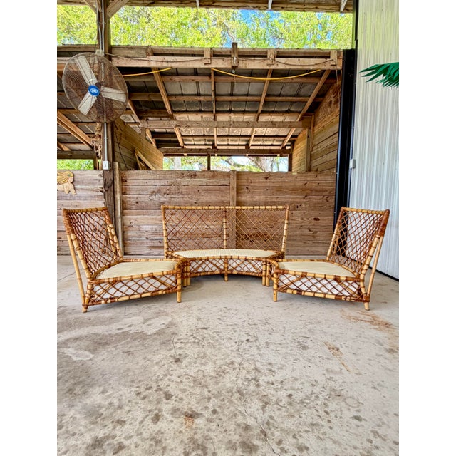 Tan Vintage Refinished Organic Modern Coastal Three-Piece Curved Rattan Sectional Sofa Set For Sale - Image 8 of 12