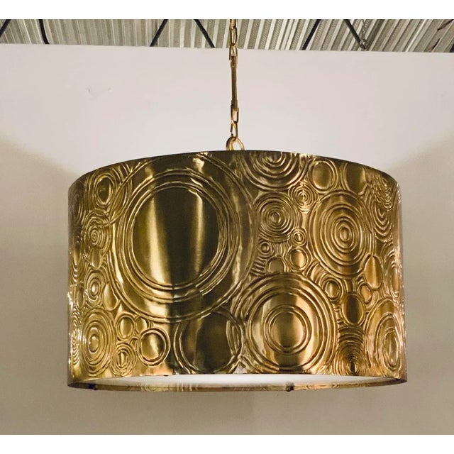 Currey & Co. Modern Embossed Geometric Brass Finished Drum Pendant Prototype For Sale In Atlanta - Image 6 of 6
