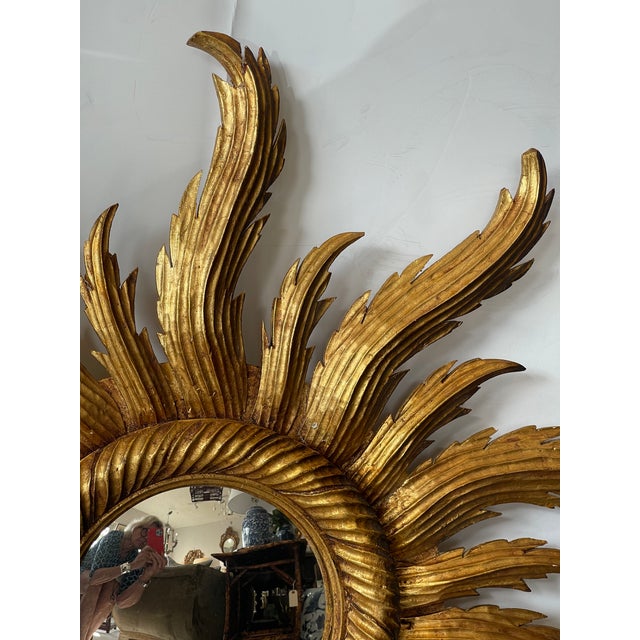 French Hand-Carved Giltwood Sunburst Mirror, Hollywood Regency, 1940s For Sale - Image 9 of 16