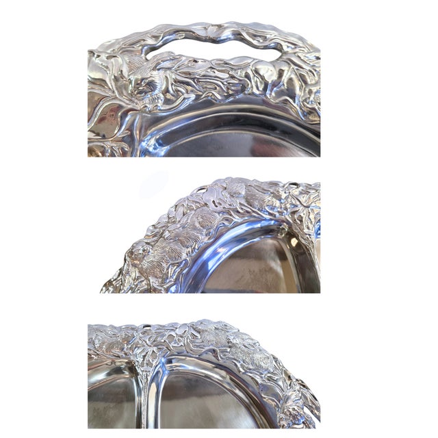 A beautiful and collectible signed Arthur Court Designs oval divided tray, featuring a raised border of sculpted rabbits...