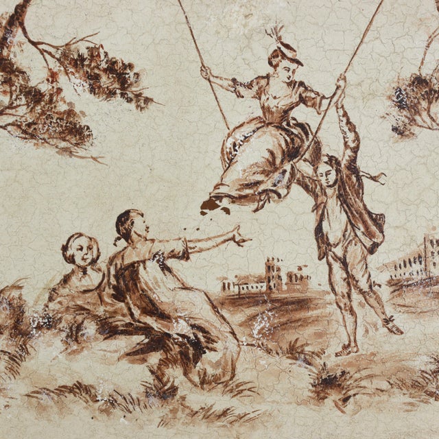 Vintage Hand Painted Tole Tray Cream With Sepia Rococo Garden Swing Scene Rectangular Serving Tray For Sale In New York - Image 6 of 13