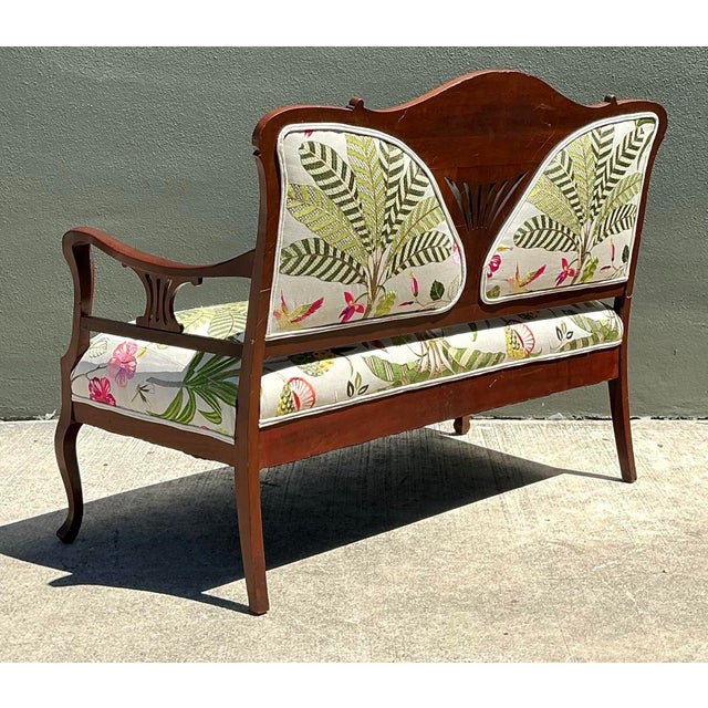 Vintage Carved Wood Settee With Embroidered Botanical Upholstery For Sale - Image 11 of 12