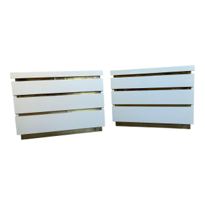 Pair of Vintage Modern Lacquer & Brass 3-Drawer Night Tables by J.C. Mahey, France