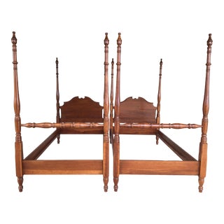 Harden Furniture Solid Cherry Chippendale Style Twin Size Poster Beds - a Pair For Sale