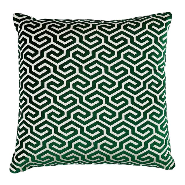 Schumacher Ming Fret Velvet 22" Pillow in Emerald For Sale