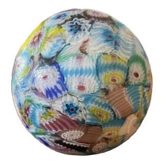 Vintage - Mid Century Murano Millefiori Art Glass Paperweight in Aqua and Jewel Tones For Sale