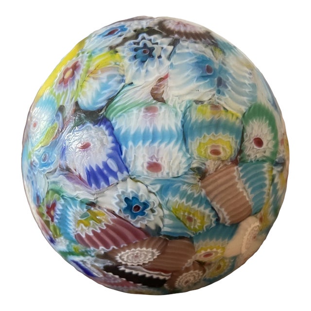 Vintage - Mid Century Murano Millefiori Art Glass Paperweight in Aqua and Jewel Tones For Sale