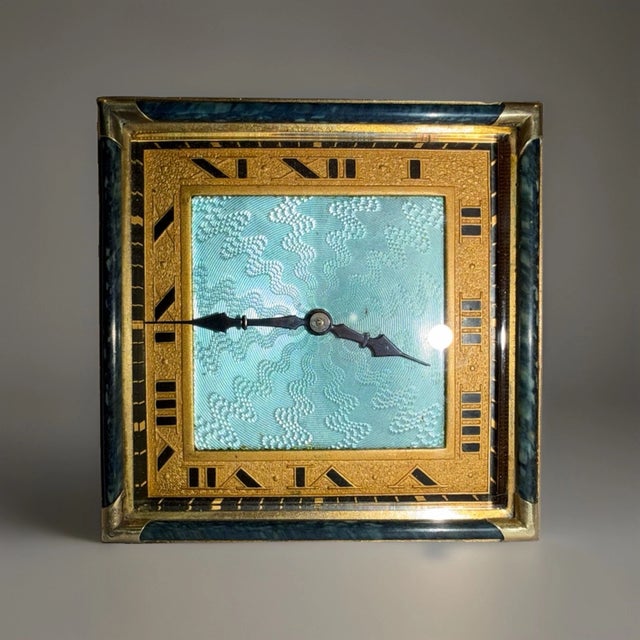 Antique Swiss Art Deco Travel or Desk Clock With Guilloché Enamel For Sale - Image 4 of 15