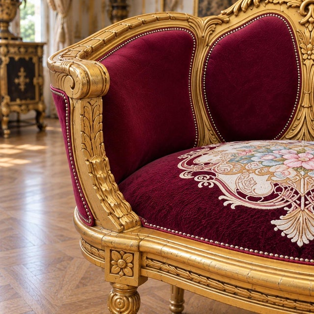 Wood 1960 Artisan Louis XVI Burgundy Beech Sofa Set-3 Pc For Sale - Image 7 of 16
