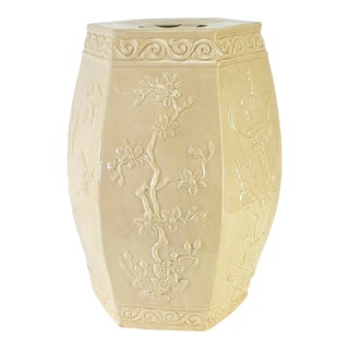 Vintage Italian Chinoiserie Ceramic Garden Seat – Cream Blanc-De-Chine Floral Hexagonal Stool, 20″ For Sale