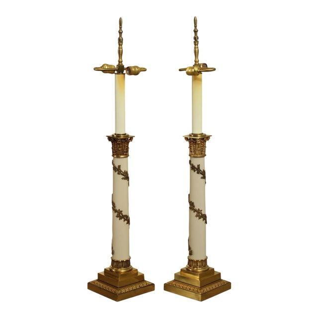 Stiffel Neo-Classical Style Ivory Lacquered And Brass Column Table Lamps - a Pair For Sale