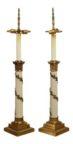 Stiffel Neo-Classical Style Ivory Lacquered And Brass Column Table Lamps - a Pair