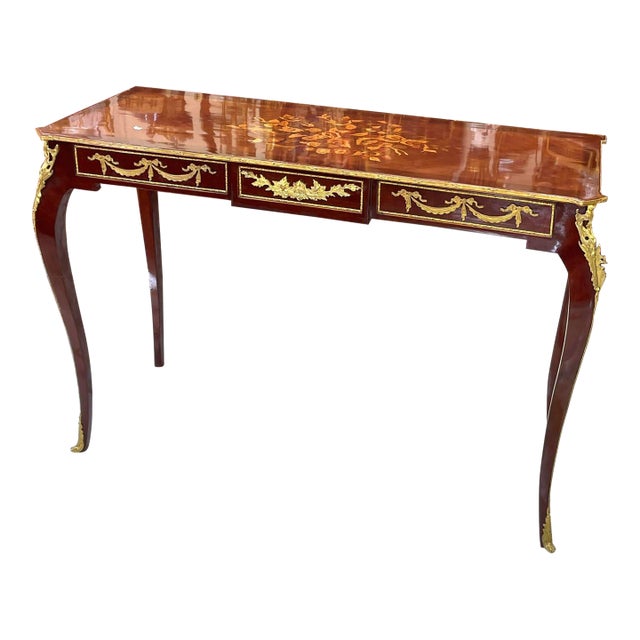 French Style Console Table or Desk – Handcrafted, Brown Finish With Gold Leaf For Sale