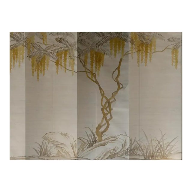 Custom Hand-Painted Dupioni Mural | Gold Wisteria Branch Wallpaper | Luxury Handcrafted Wall Covering For Sale
