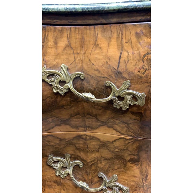 Vintage French Louis XV Style Bombe Commode Chest with Green Marble Style Top This vintage Louis XV style chest exudes...