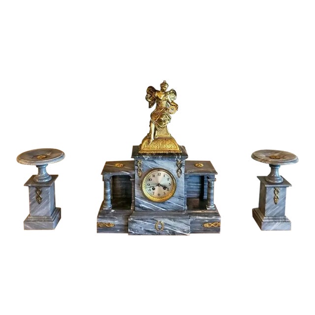 French Napoleon III Period Marble Mantel Clock Set - Set of 3 For Sale