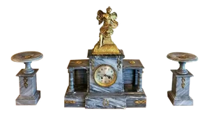 French Napoleon III Period Marble Mantel Clock Set - Set of 3