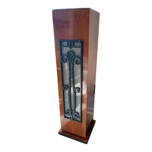 1940s Art Deco Mahogany Lighted Column, French Rod Iron Frosted Glass and Mahogany Wood Lighted Pedestal