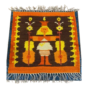 1970s Mid Century Polish Kilim Folk Art Tapestry With Girl Musician Theme
