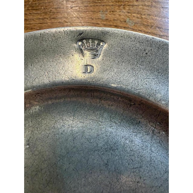 Antique Pewter Chargers Embossed with Crown Over D, Set of 5 For Sale - Image 3 of 9
