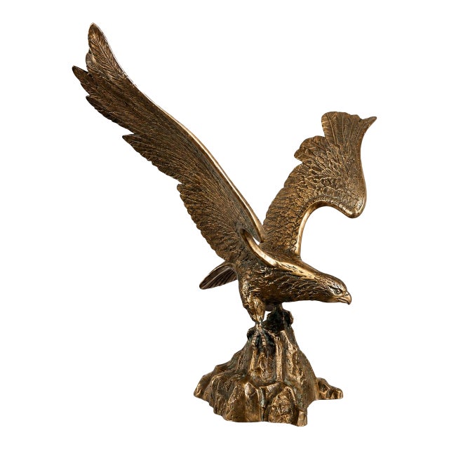Vintage Solid Cast Brass Eagle Sculpture on Rocky Outcrop, 12” Tall For Sale