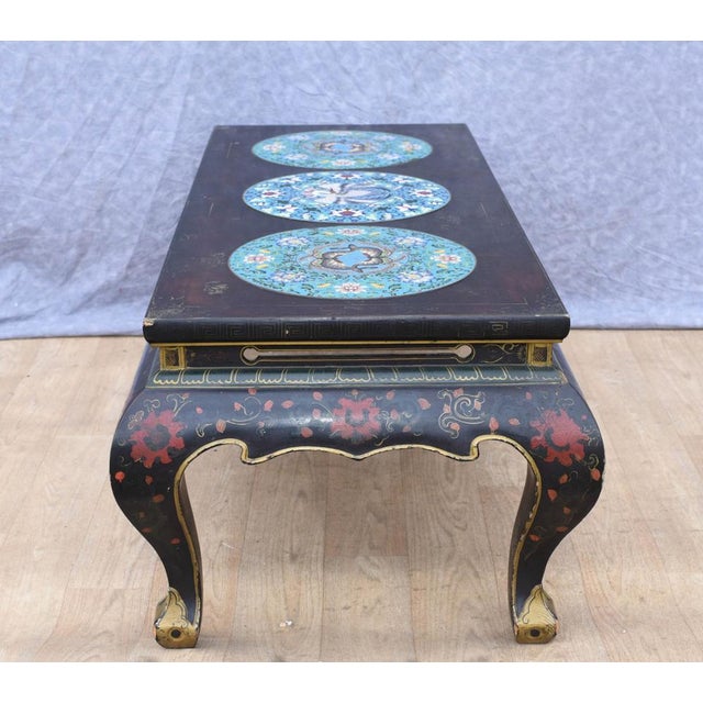 - Gorgeous Chinese black lacquer coffee table - Decorated with three Cloisonné porcelain plaques - Great interiors piece -...